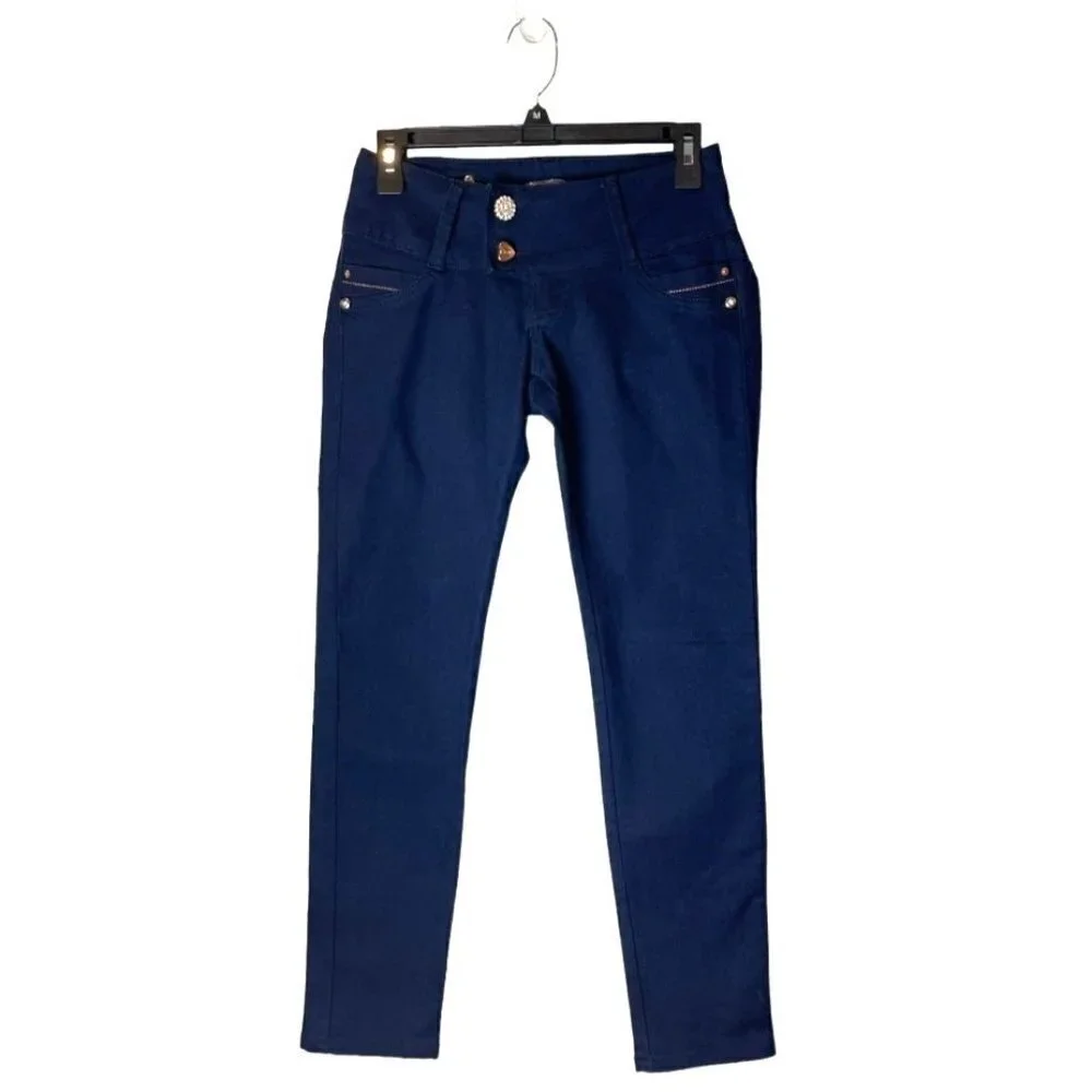 BLK DNM Blue Dark Wash Jeweled Button Wide Waistband Slim Jeans Size 28‎